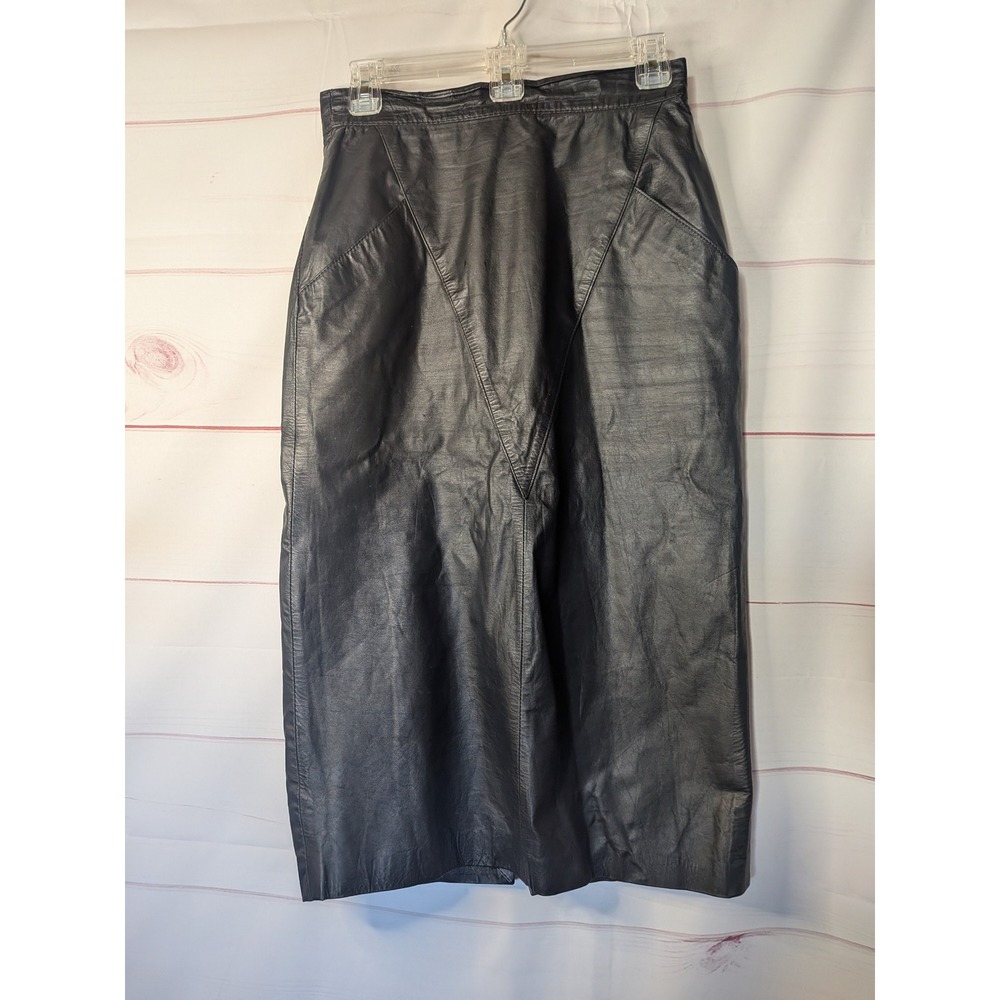 Winlit‎ Vintage Ginuwine Leather pencil skirt 9/10 Black V front Rare 90's